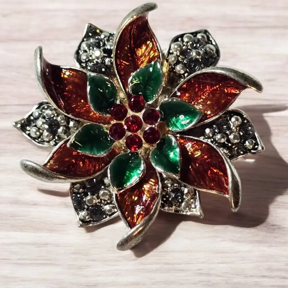 Red Green Enamel Rhinestone Flower Brooch Silver Tone 80s Holiday Pin